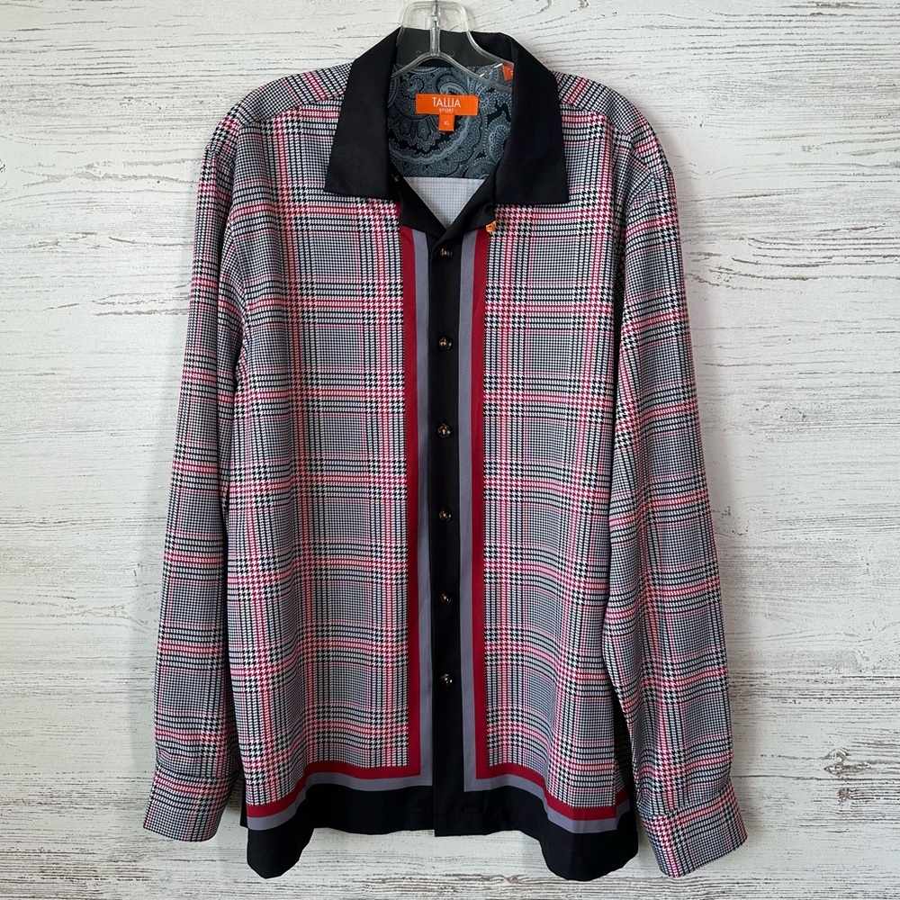 TALIA SPORT Houndstooth Plaid Flip Cuff Nightclub Party Event Cocktail Shirt XL
